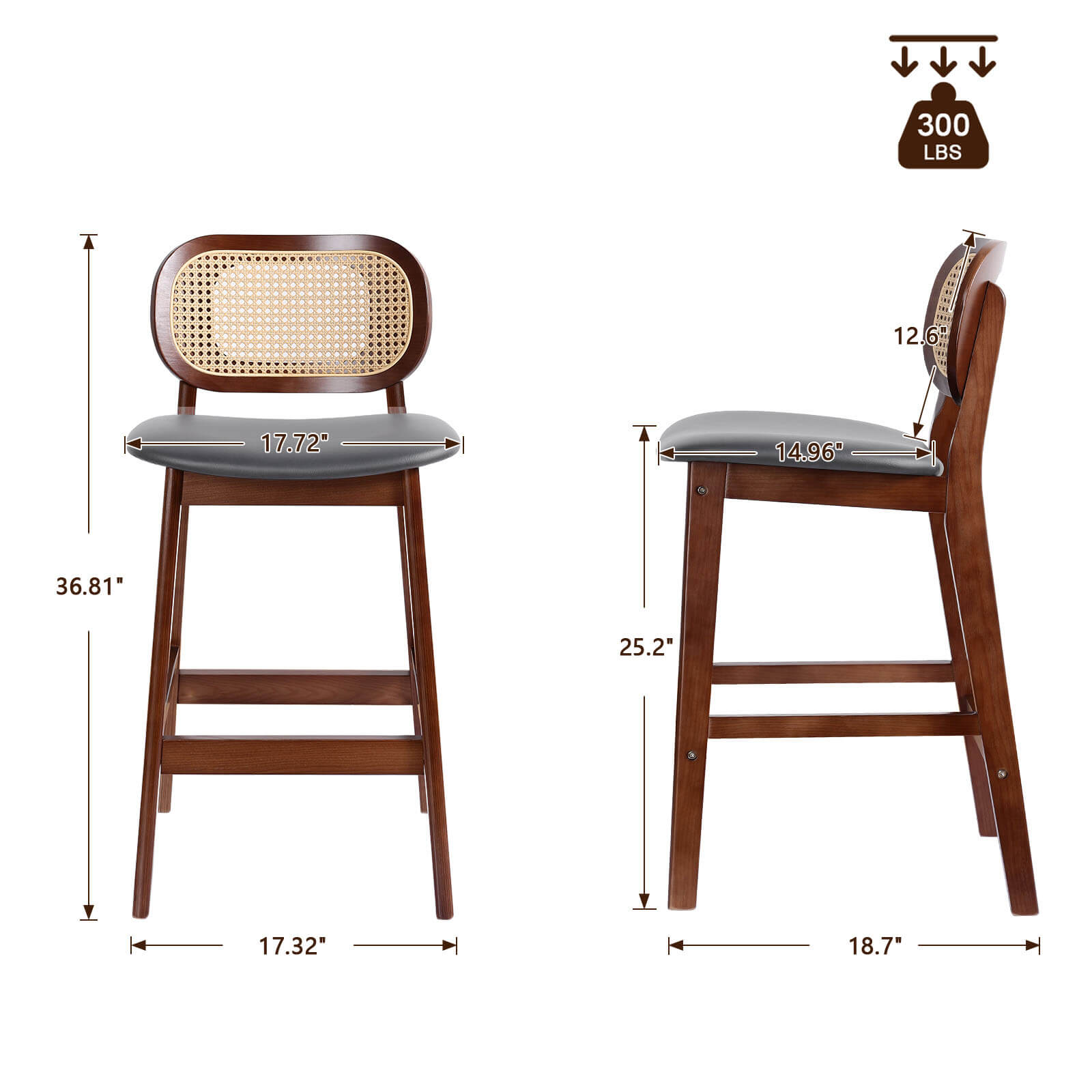 APPLEJACK Bar stool with backrest, 25 1/4", Gray-Brown/PU