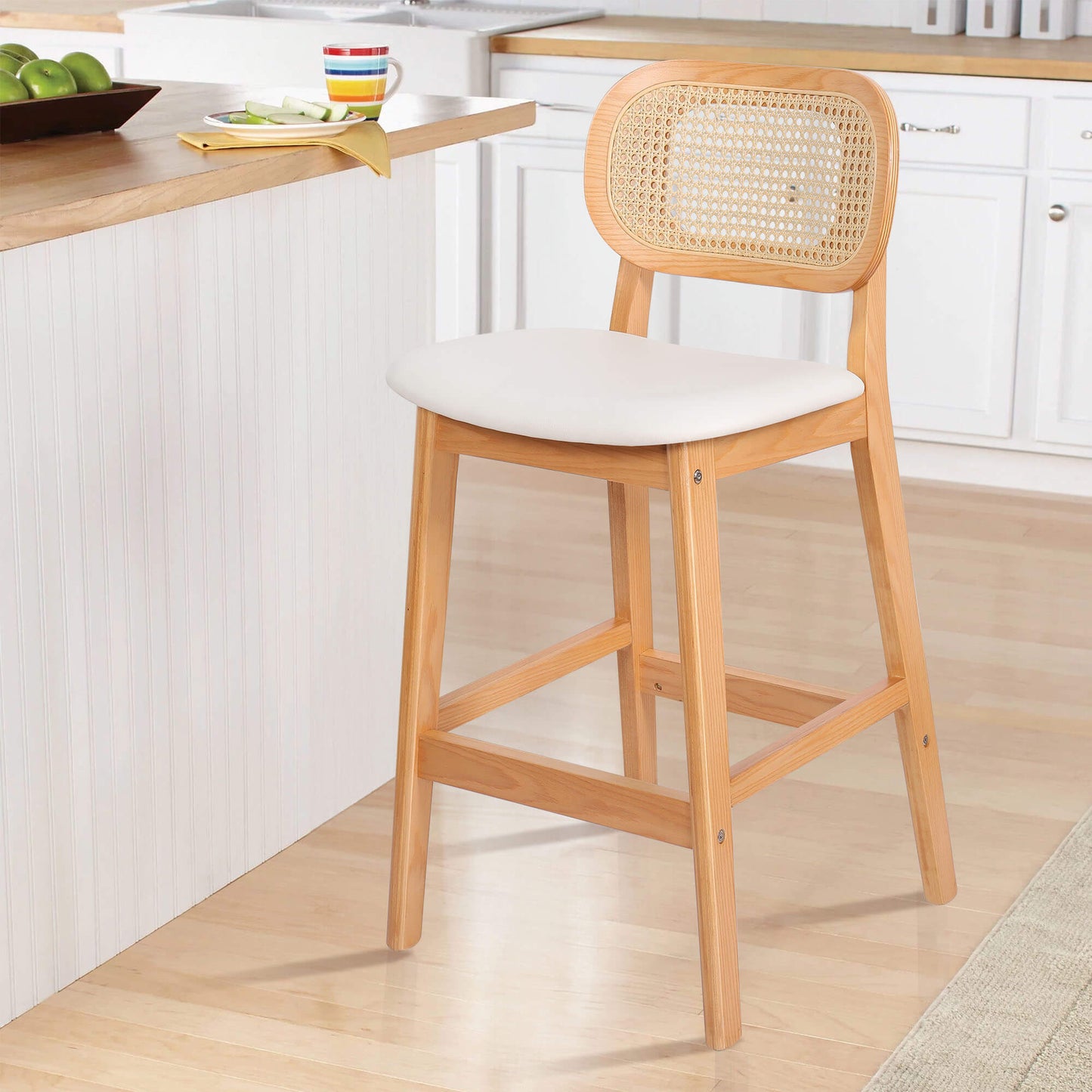 APPLEJACK Bar stool with backrest, 25 1/4", Beige-Wood/PU