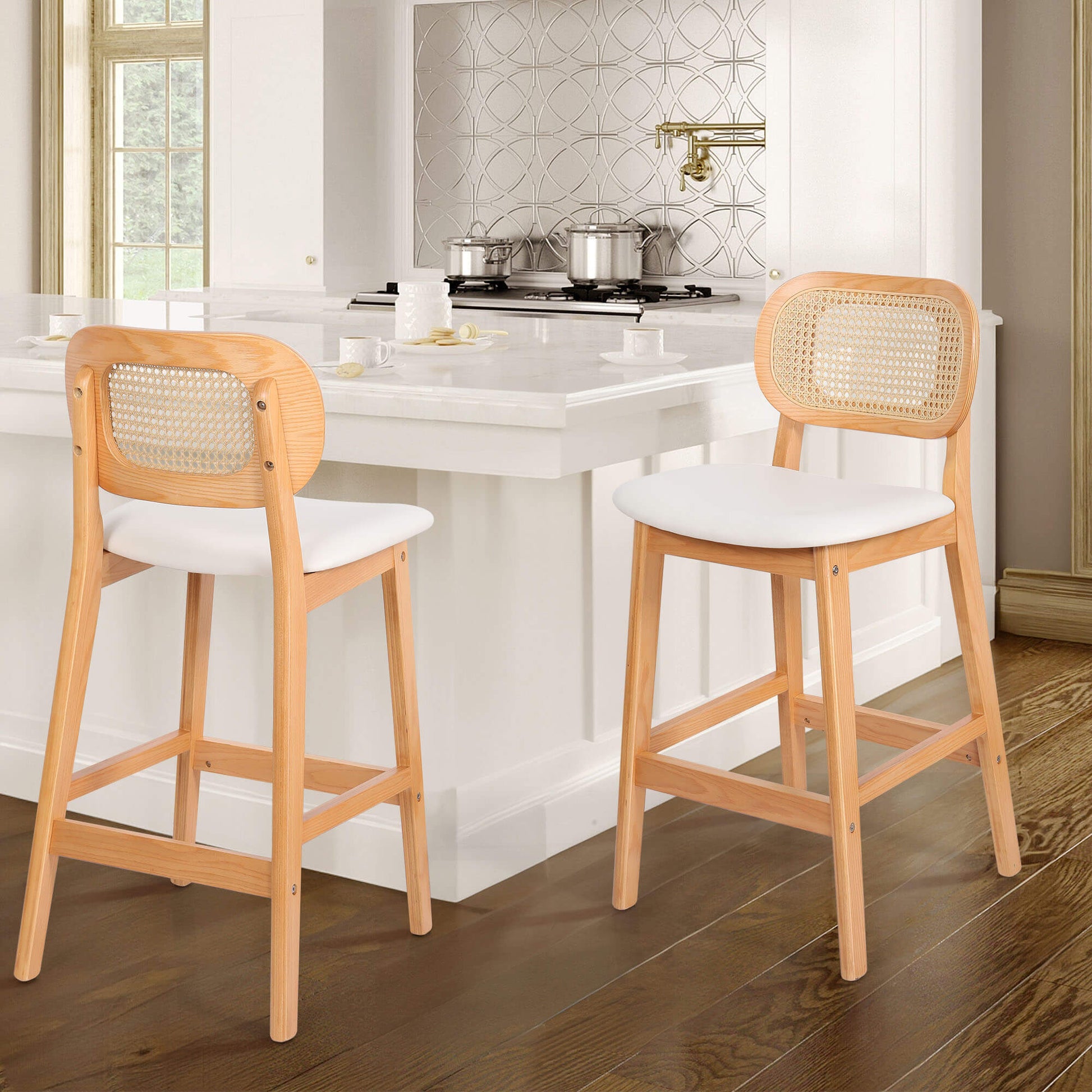 APPLEJACK Bar stool with backrest, 25 1/4", Beige-Wood/PU