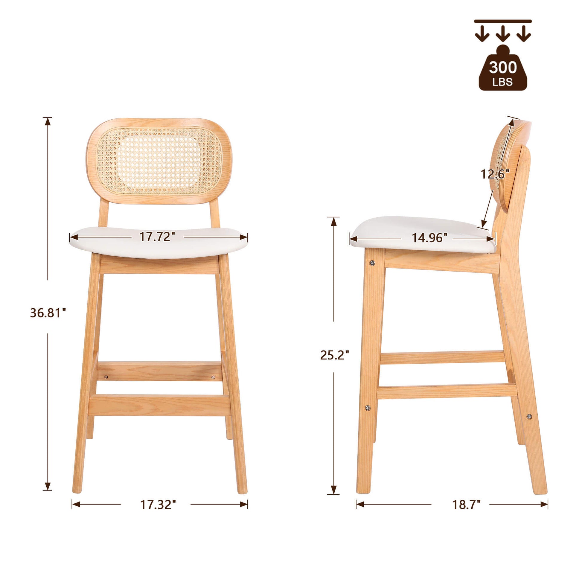 APPLEJACK Bar stool with backrest, 25 1/4", Beige-Wood/PU