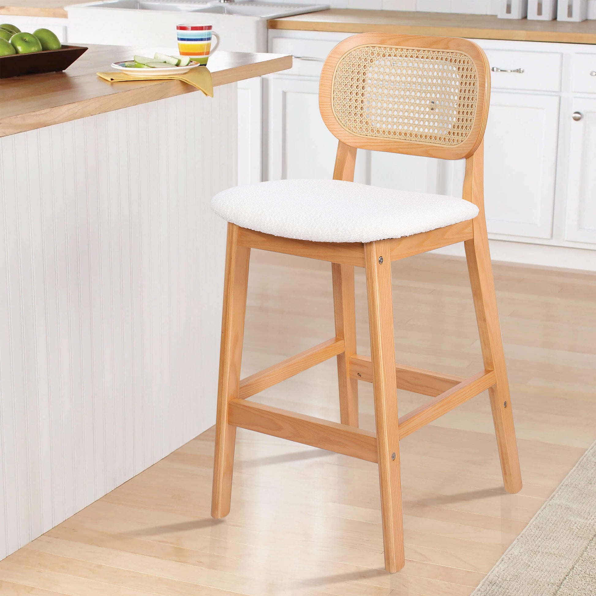 APPLEJACK Bar stool with backrest, 25 1/4", Beige-Wood/Fabric