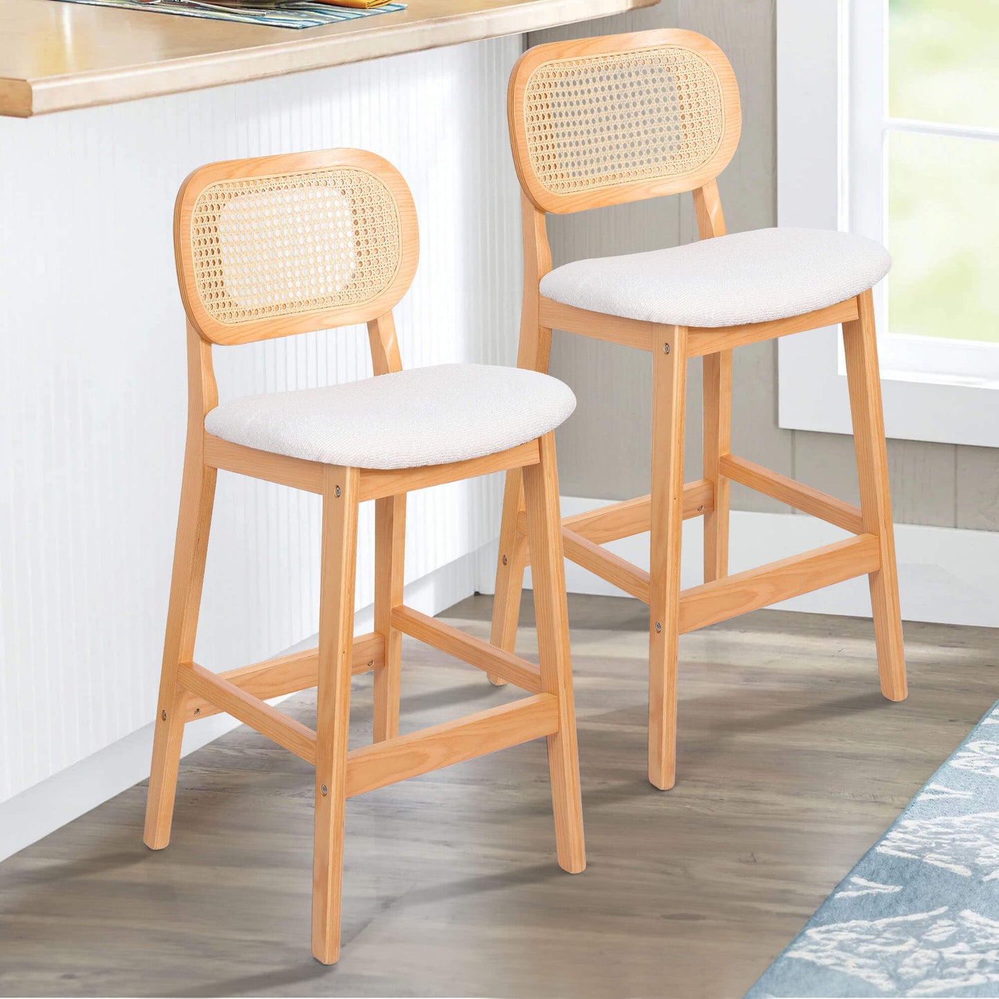 APPLEJACK Bar stool with backrest, 25 1/4", Beige-Wood/Fabric